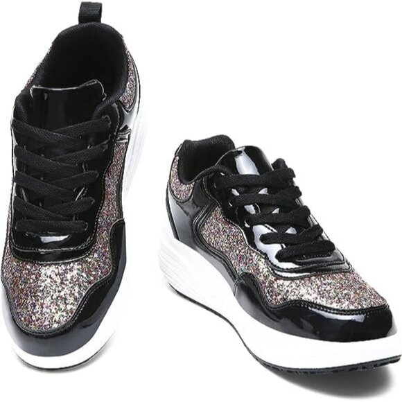 Kkdom Women's Black Breathable Mesh Comfort Lightweight Wedge Platform Sneakers - Picture 1 of 6